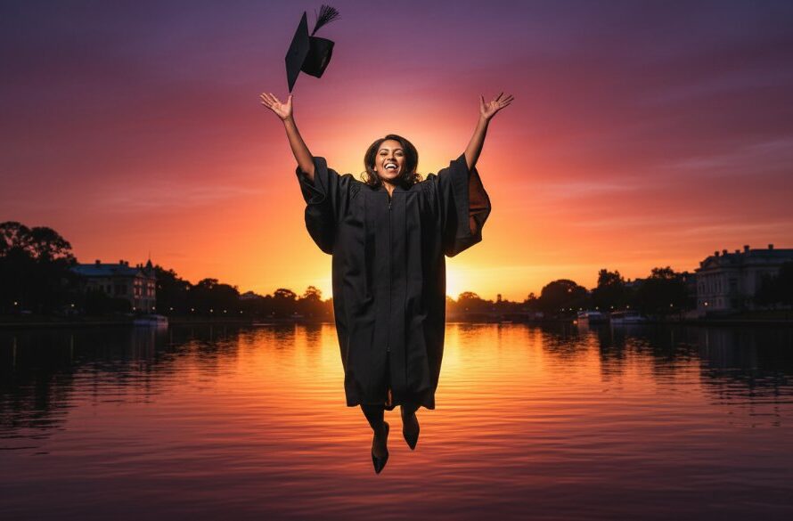 A triumphant graduate in academic regalia, arms raised in pure elation, silhouetted against a golden sunset over the Geelong Waterfront, showcasing professional Newtown Victoria graduation photography experiences.
