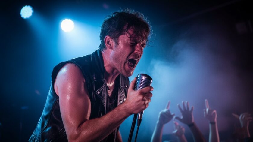 An epic shot from a Newtown Victoria live music photography session, capturing a lead guitarist mid-shred, bathed in dramatic stage lighting with the crowd's energy palpable in the background.