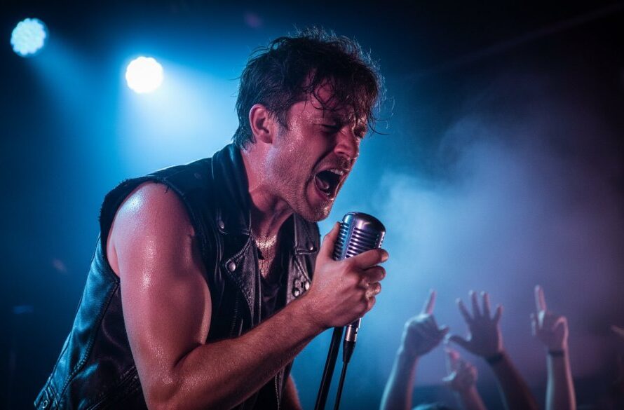 An epic shot from a Newtown Victoria live music photography session, capturing a lead guitarist mid-shred, bathed in dramatic stage lighting with the crowd's energy palpable in the background.