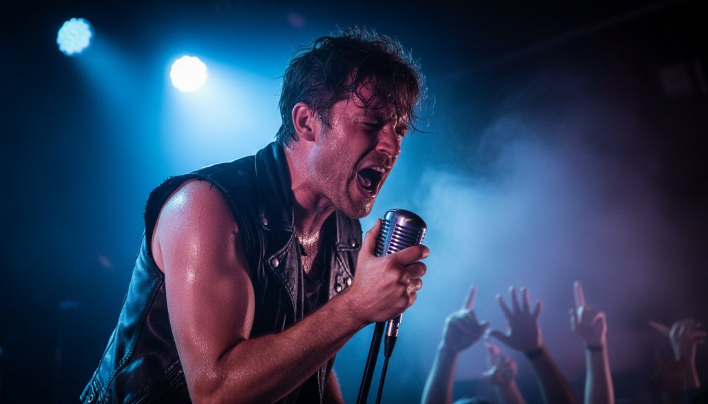 An epic shot from a Newtown Victoria live music photography session, capturing a lead guitarist mid-shred, bathed in dramatic stage lighting with the crowd's energy palpable in the background.
