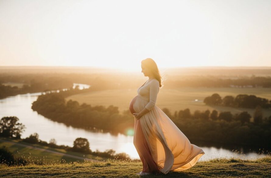 A serene and powerful portrait of a pregnant woman at golden hour, overlooking the Barwon River in Newtown, Victoria, maternity photography outdoor golden hour light highlighting her silhouette against a dramatic sunset sky.