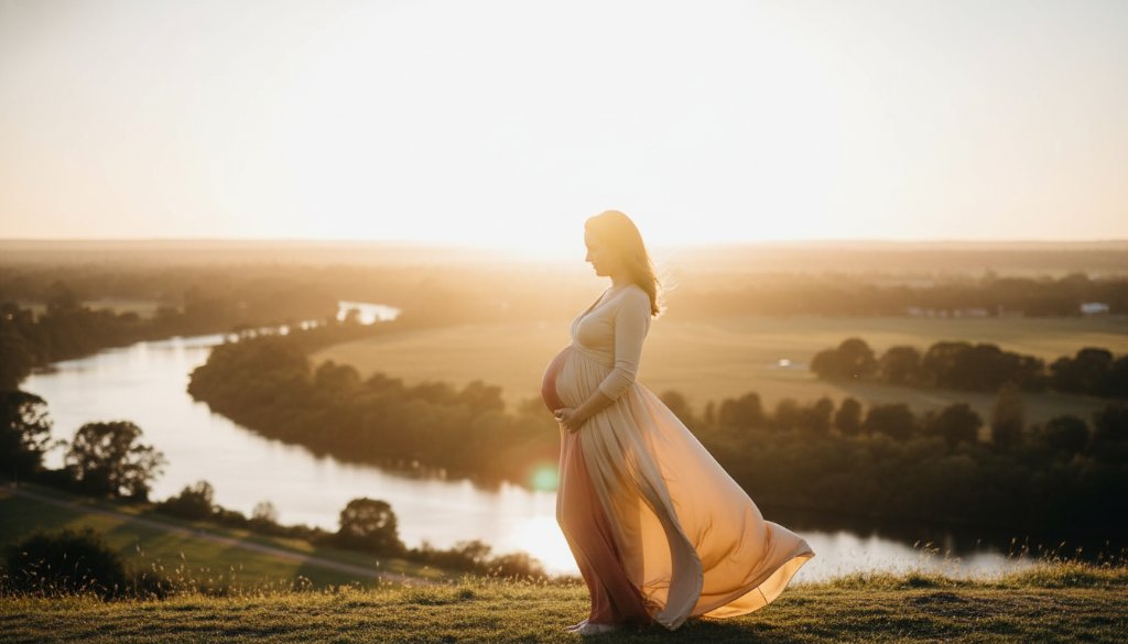 A serene and powerful portrait of a pregnant woman at golden hour, overlooking the Barwon River in Newtown, Victoria, maternity photography outdoor golden hour light highlighting her silhouette against a dramatic sunset sky.