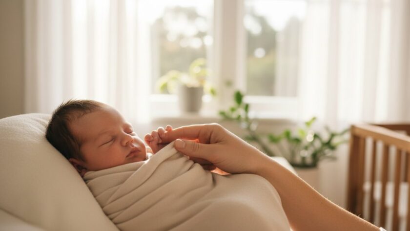 A heartwarming, professionally color-graded photograph capturing Newtown Victoria newborn photography with gentle family moments, featuring a peaceful sleeping baby swaddled in a soft blanket, held tenderly by a parent with sunlight streaming through a window, creating a serene and timeless portrait.