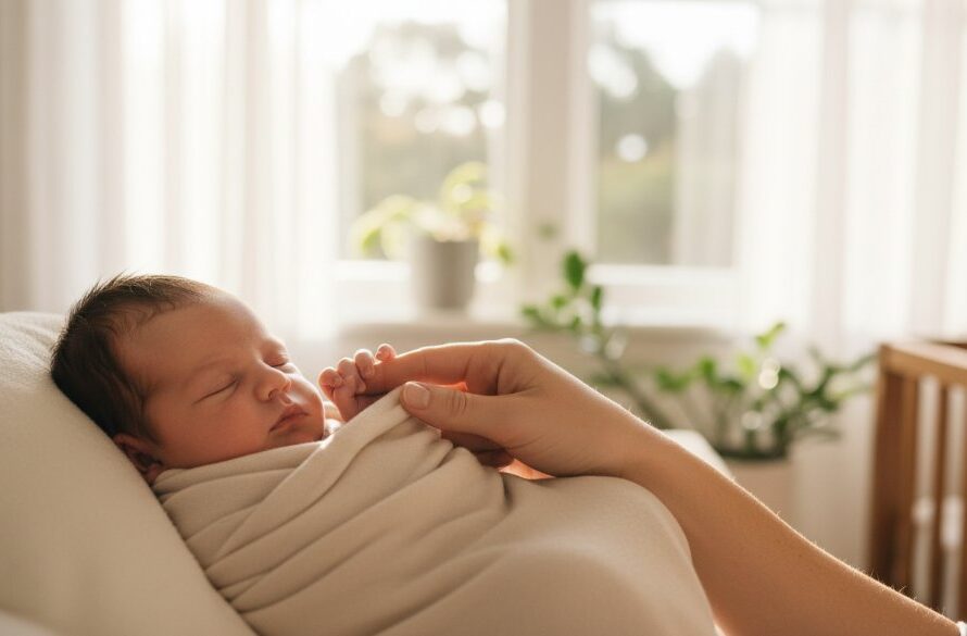 A heartwarming, professionally color-graded photograph capturing Newtown Victoria newborn photography with gentle family moments, featuring a peaceful sleeping baby swaddled in a soft blanket, held tenderly by a parent with sunlight streaming through a window, creating a serene and timeless portrait.