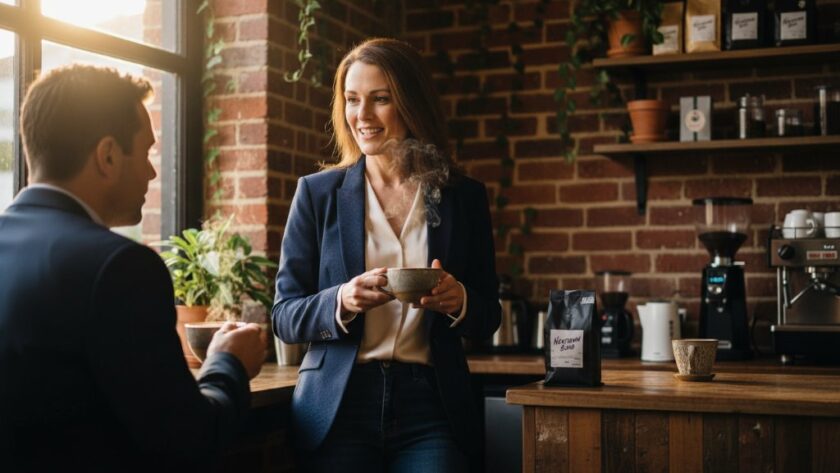 A powerful, cinematic shot of an entrepreneur confidently presenting their work in a vibrant Newtown cafe, bathed in dramatic golden hour light, reflecting the essence of Newtown Victoria personal brand photography.
