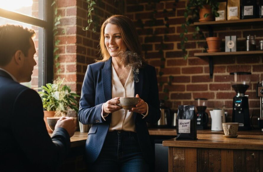A powerful, cinematic shot of an entrepreneur confidently presenting their work in a vibrant Newtown cafe, bathed in dramatic golden hour light, reflecting the essence of Newtown Victoria personal brand photography.