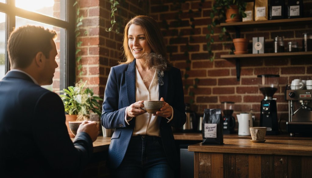 A powerful, cinematic shot of an entrepreneur confidently presenting their work in a vibrant Newtown cafe, bathed in dramatic golden hour light, reflecting the essence of Newtown Victoria personal brand photography.