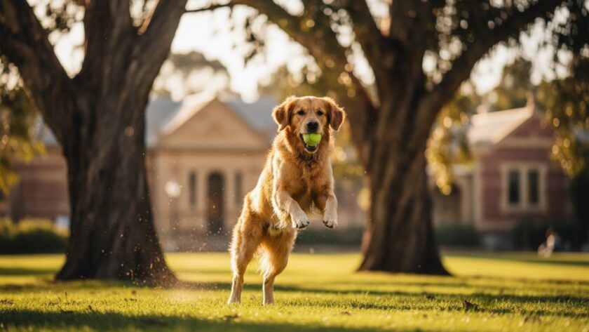 A joyful golden retriever mid-leap, catching a ball with pure elation in a sun-dappled park in Newtown, Victoria, capturing a perfect Newtown Victoria pet photography joyful outdoor portraits moment with dramatic golden hour lighting.