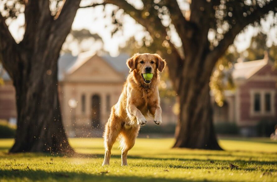A joyful golden retriever mid-leap, catching a ball with pure elation in a sun-dappled park in Newtown, Victoria, capturing a perfect Newtown Victoria pet photography joyful outdoor portraits moment with dramatic golden hour lighting.