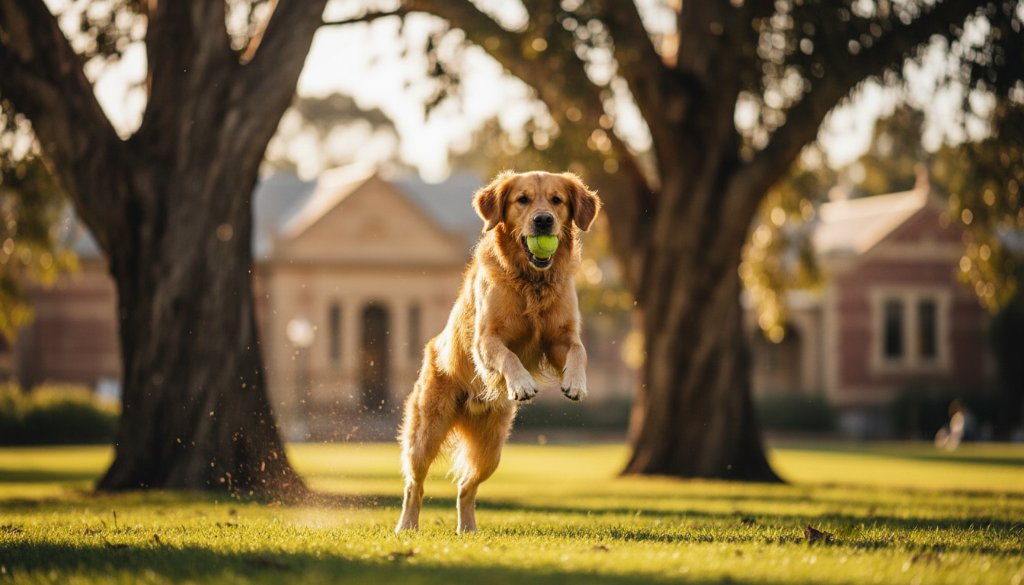 A joyful golden retriever mid-leap, catching a ball with pure elation in a sun-dappled park in Newtown, Victoria, capturing a perfect Newtown Victoria pet photography joyful outdoor portraits moment with dramatic golden hour lighting.