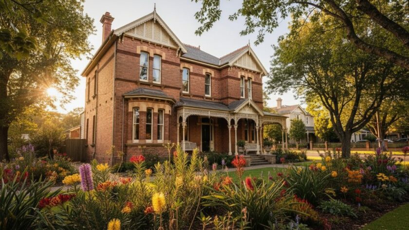 A cinematic, wide-angle shot showcasing a grand heritage home in Newtown, Victoria, bathed in the golden hour light, highlighting its elegant façade and manicured gardens, epitomizing premium property listings, captured by expert Newtown Victoria real estate photography.