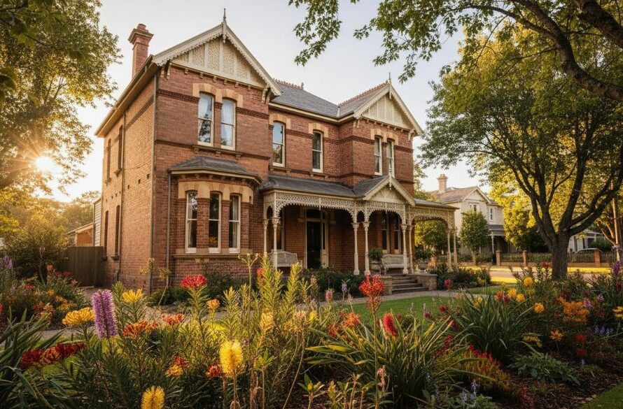 A cinematic, wide-angle shot showcasing a grand heritage home in Newtown, Victoria, bathed in the golden hour light, highlighting its elegant façade and manicured gardens, epitomizing premium property listings, captured by expert Newtown Victoria real estate photography.