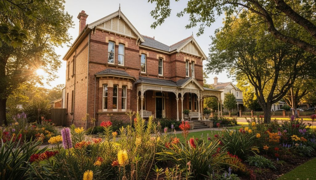 A cinematic, wide-angle shot showcasing a grand heritage home in Newtown, Victoria, bathed in the golden hour light, highlighting its elegant façade and manicured gardens, epitomizing premium property listings, captured by expert Newtown Victoria real estate photography.