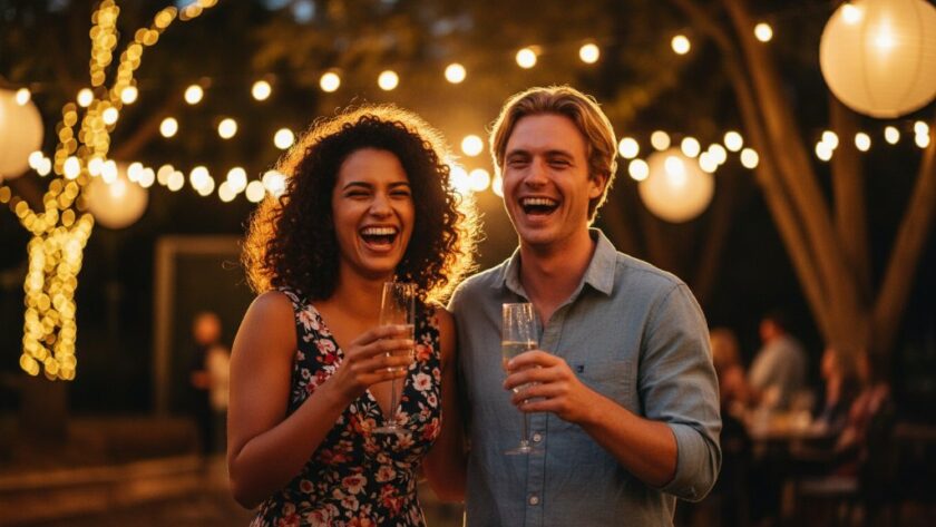 Newtown Victoria vibrant candid party photography capturing a joyful couple dancing under colourful string lights at a lively backyard celebration, professionally lit with warm glows and a shallow depth of field, showcasing genuine happiness and an epic moment.