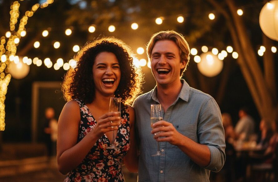 Newtown Victoria vibrant candid party photography capturing a joyful couple dancing under colourful string lights at a lively backyard celebration, professionally lit with warm glows and a shallow depth of field, showcasing genuine happiness and an epic moment.