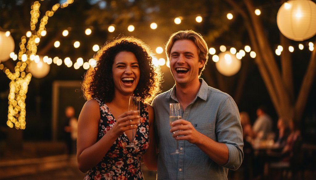 Newtown Victoria vibrant candid party photography capturing a joyful couple dancing under colourful string lights at a lively backyard celebration, professionally lit with warm glows and a shallow depth of field, showcasing genuine happiness and an epic moment.