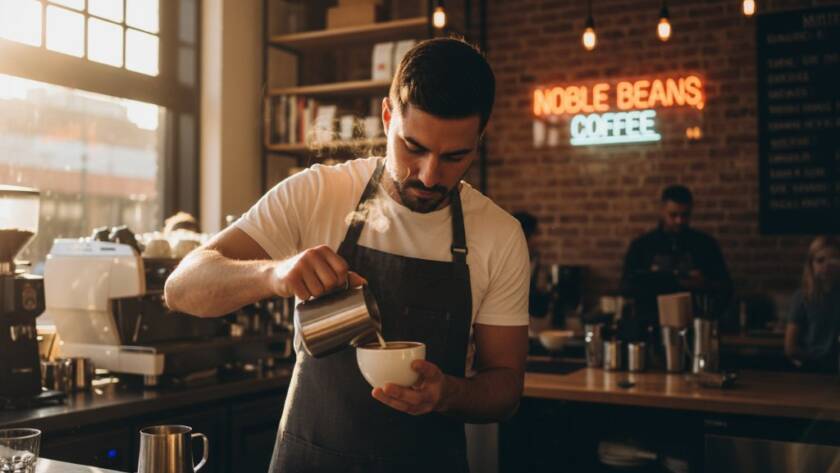 An epic moment capture of a local Noble Park entrepreneur, mid-conversation with a client, bathed in golden hour light at a bustling cafe near Springvale Road, showcasing the vibrant community spirit through authentic brand storytelling photography. The scene is professionally colour-graded with dramatic depth of field.