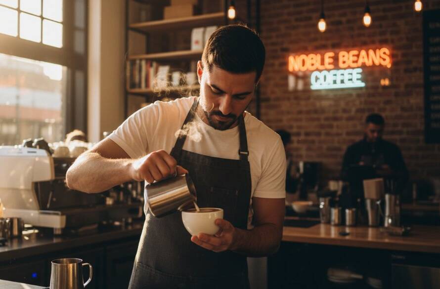 An epic moment capture of a local Noble Park entrepreneur, mid-conversation with a client, bathed in golden hour light at a bustling cafe near Springvale Road, showcasing the vibrant community spirit through authentic brand storytelling photography. The scene is professionally colour-graded with dramatic depth of field.