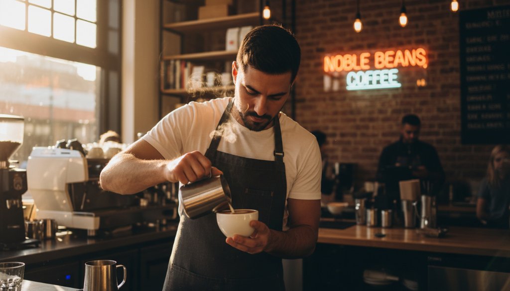 An epic moment capture of a local Noble Park entrepreneur, mid-conversation with a client, bathed in golden hour light at a bustling cafe near Springvale Road, showcasing the vibrant community spirit through authentic brand storytelling photography. The scene is professionally colour-graded with dramatic depth of field.