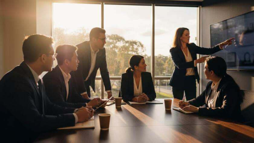 An inspiring wide-angle shot capturing a diverse business team collaborating energetically in a modern office space in Noble Park, bathed in dramatic natural light, showcasing the essence of Noble Park business branding photography for impact and professional dynamism.