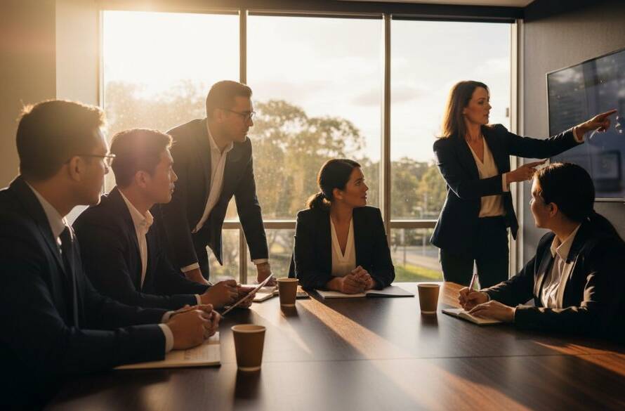 An inspiring wide-angle shot capturing a diverse business team collaborating energetically in a modern office space in Noble Park, bathed in dramatic natural light, showcasing the essence of Noble Park business branding photography for impact and professional dynamism.
