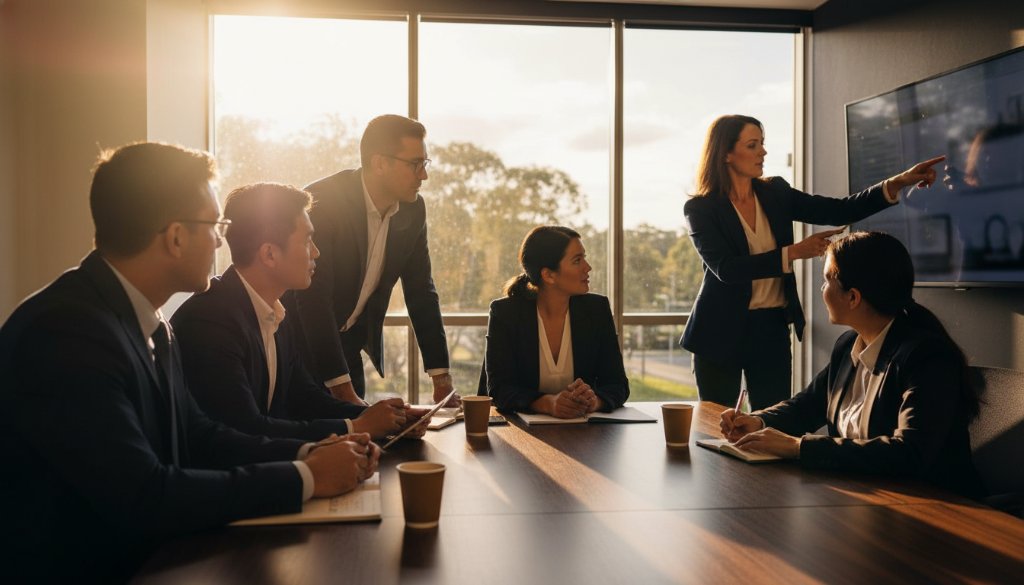 An inspiring wide-angle shot capturing a diverse business team collaborating energetically in a modern office space in Noble Park, bathed in dramatic natural light, showcasing the essence of Noble Park business branding photography for impact and professional dynamism.