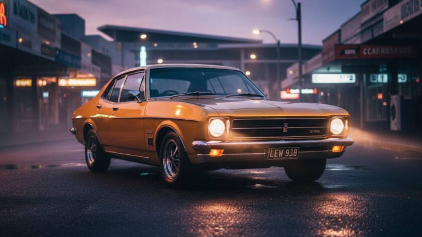 Dramatic shot of a classic muscle car speeding through a Noble Park street at sunset, tyres slightly smoking, captured with dynamic lighting and professional colour grading, perfect for Noble Park car photography for local enthusiasts.