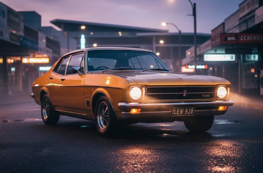 Dramatic shot of a classic muscle car speeding through a Noble Park street at sunset, tyres slightly smoking, captured with dynamic lighting and professional colour grading, perfect for Noble Park car photography for local enthusiasts.