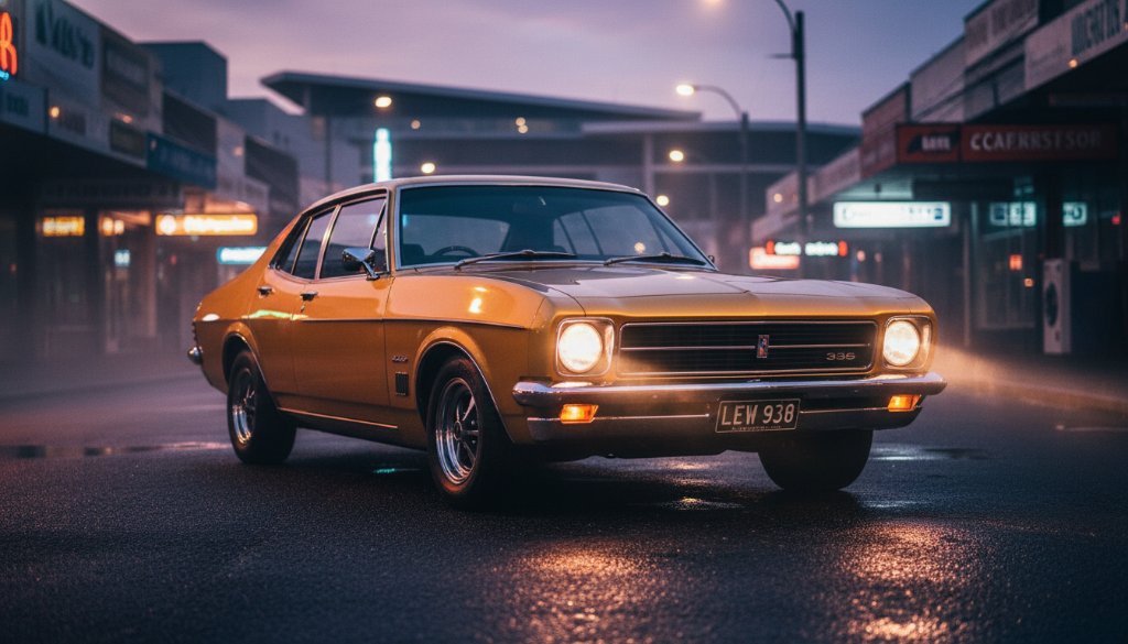 Dramatic shot of a classic muscle car speeding through a Noble Park street at sunset, tyres slightly smoking, captured with dynamic lighting and professional colour grading, perfect for Noble Park car photography for local enthusiasts.