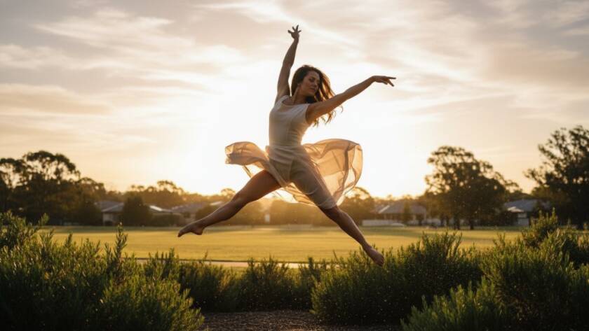 A dynamic, high-energy 'epic moment' photograph capturing a professional dancer mid-air in a powerful leap, silhouetted against a dramatic sunset over a Noble Park North parkland, embodying Noble Park North Dance Photography for Aspiring Dancers. The scene features stunning golden hour lighting, professional colour grading, and a composition that highlights movement and strength.