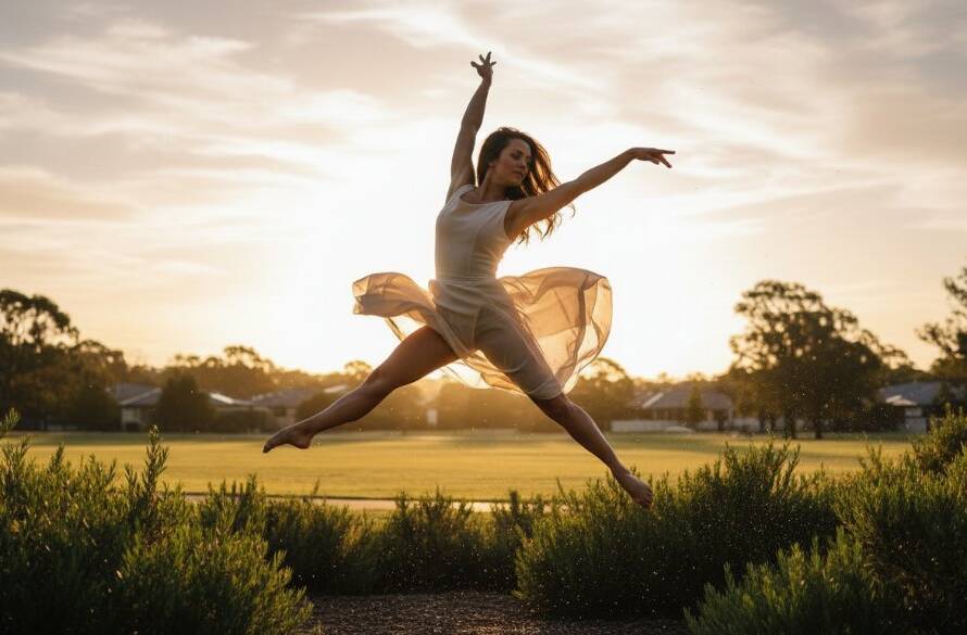 A dynamic, high-energy 'epic moment' photograph capturing a professional dancer mid-air in a powerful leap, silhouetted against a dramatic sunset over a Noble Park North parkland, embodying Noble Park North Dance Photography for Aspiring Dancers. The scene features stunning golden hour lighting, professional colour grading, and a composition that highlights movement and strength.
