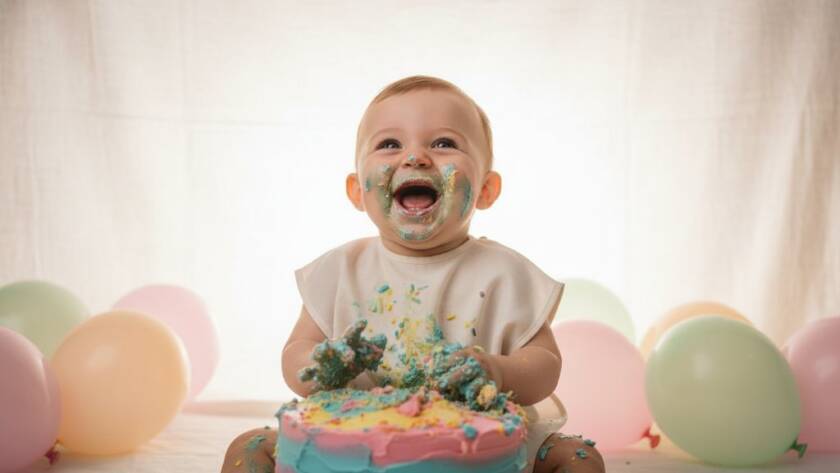 An adorable baby, covered in cake and icing, laughing joyously amidst a colourful balloon setup in a bright studio, embodying the Noble Park North First Birthday Cake Smash Joy, professionally captured with dramatic backlighting and vibrant hues.