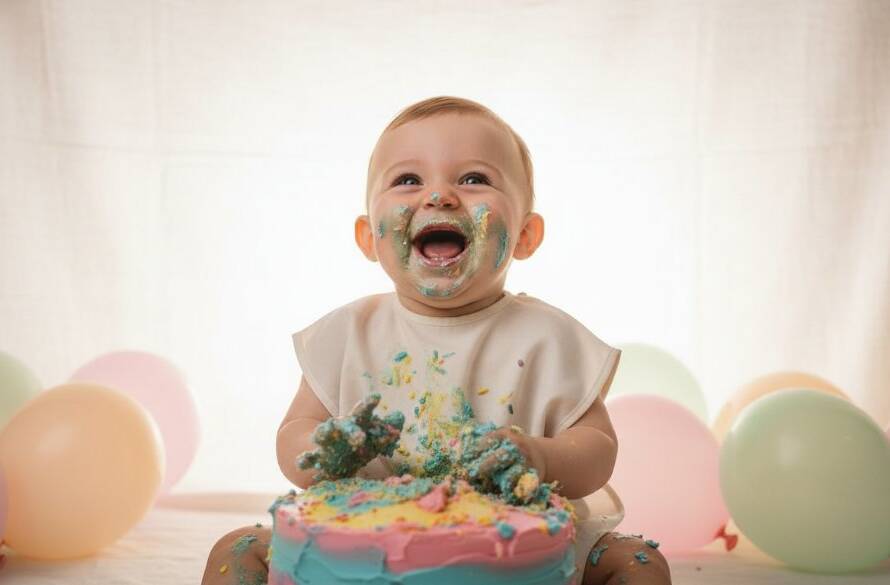 An adorable baby, covered in cake and icing, laughing joyously amidst a colourful balloon setup in a bright studio, embodying the Noble Park North First Birthday Cake Smash Joy, professionally captured with dramatic backlighting and vibrant hues.