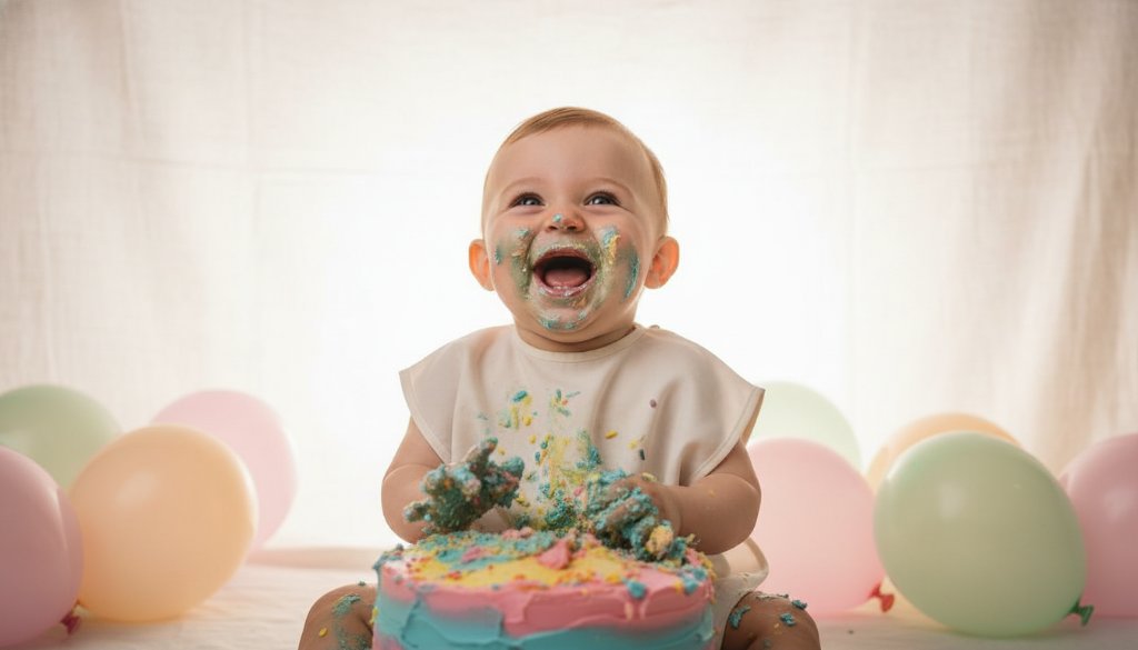 An adorable baby, covered in cake and icing, laughing joyously amidst a colourful balloon setup in a bright studio, embodying the Noble Park North First Birthday Cake Smash Joy, professionally captured with dramatic backlighting and vibrant hues.
