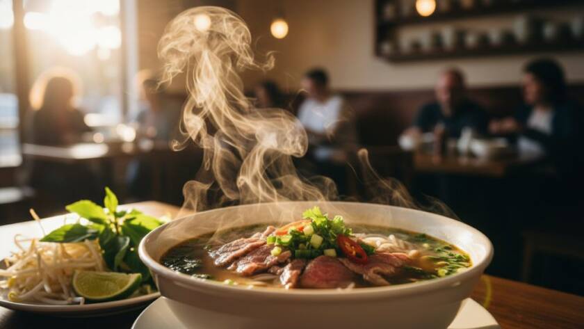 An epic moment capture of a perfectly plated gourmet dish, possibly a vibrant Vietnamese pho or a hearty pub classic, steaming gently under dramatic, golden hour lighting, ready to be served in a bustling Noble Park North eatery, showcasing Noble Park North food photography at its finest.