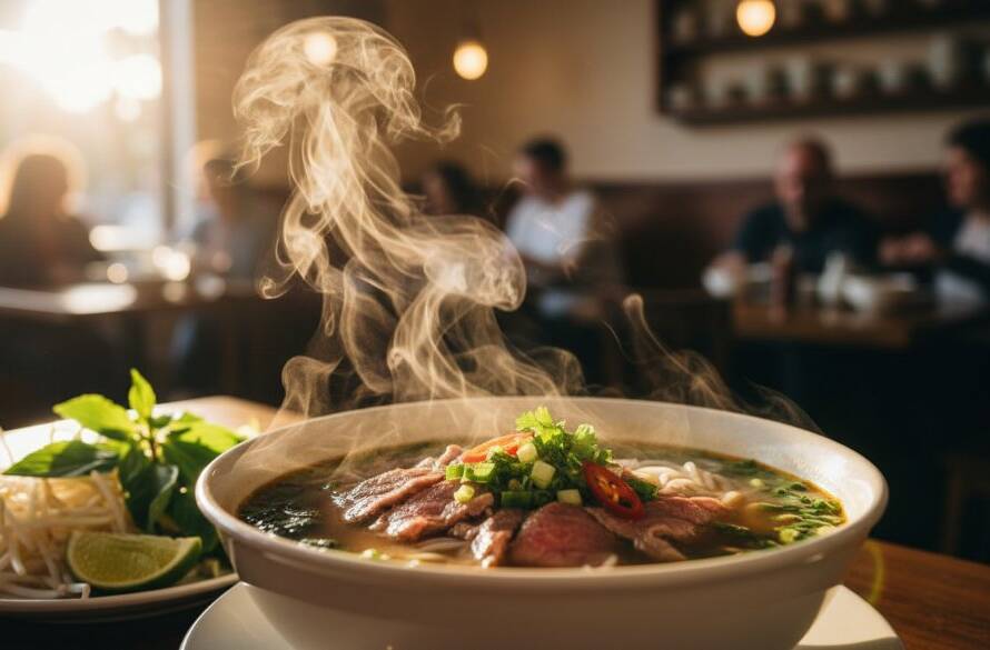 An epic moment capture of a perfectly plated gourmet dish, possibly a vibrant Vietnamese pho or a hearty pub classic, steaming gently under dramatic, golden hour lighting, ready to be served in a bustling Noble Park North eatery, showcasing Noble Park North food photography at its finest.