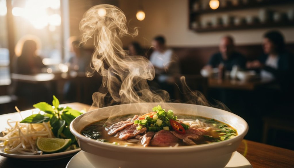 An epic moment capture of a perfectly plated gourmet dish, possibly a vibrant Vietnamese pho or a hearty pub classic, steaming gently under dramatic, golden hour lighting, ready to be served in a bustling Noble Park North eatery, showcasing Noble Park North food photography at its finest.