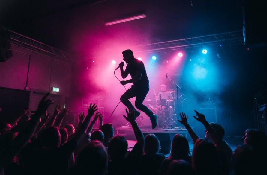 A dynamic, wide-angle shot of a lead guitarist mid-shred under dramatic blue and purple stage lights, captured with Noble Park North Live Music Photography Expertise, showcasing raw energy and a passionate crowd.