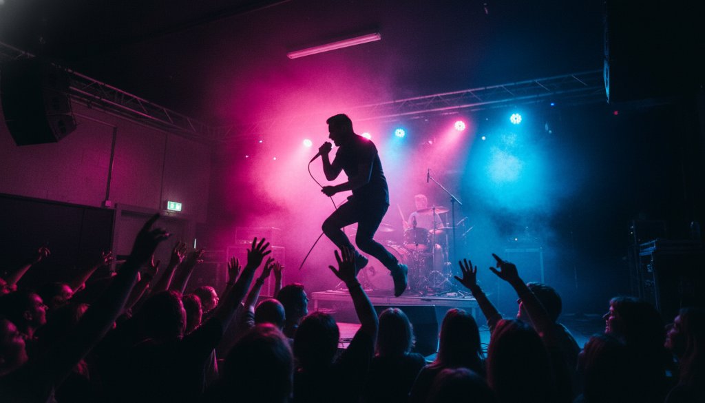A dynamic, wide-angle shot of a lead guitarist mid-shred under dramatic blue and purple stage lights, captured with Noble Park North Live Music Photography Expertise, showcasing raw energy and a passionate crowd.
