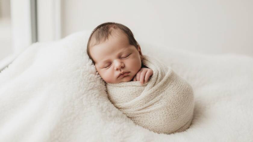 A tender, high-contrast, professional studio shot of a sleeping newborn baby swaddled in a soft blanket, bathed in dramatic natural light from a large window, highlighting the delicate features, capturing Noble Park North newborn photography precious moments.
