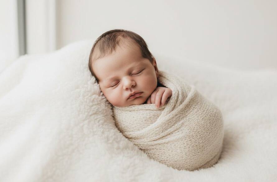 A tender, high-contrast, professional studio shot of a sleeping newborn baby swaddled in a soft blanket, bathed in dramatic natural light from a large window, highlighting the delicate features, capturing Noble Park North newborn photography precious moments.
