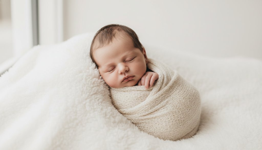 A tender, high-contrast, professional studio shot of a sleeping newborn baby swaddled in a soft blanket, bathed in dramatic natural light from a large window, highlighting the delicate features, capturing Noble Park North newborn photography precious moments.