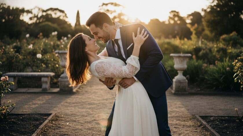A stunning 'epic moment' photograph from a Noble Park North pre-wedding photoshoot, featuring a couple embracing passionately at sunset in a sprawling Victorian-era garden, with soft golden hour light illuminating their faces and highlighting the intricate lace of the bride-to-be's dress. The groom-to-be gently kisses her forehead, capturing their profound love and the romantic Victorian charm of the setting.
