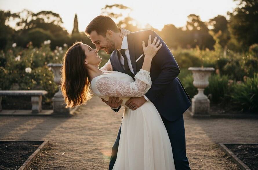 A stunning 'epic moment' photograph from a Noble Park North pre-wedding photoshoot, featuring a couple embracing passionately at sunset in a sprawling Victorian-era garden, with soft golden hour light illuminating their faces and highlighting the intricate lace of the bride-to-be's dress. The groom-to-be gently kisses her forehead, capturing their profound love and the romantic Victorian charm of the setting.
