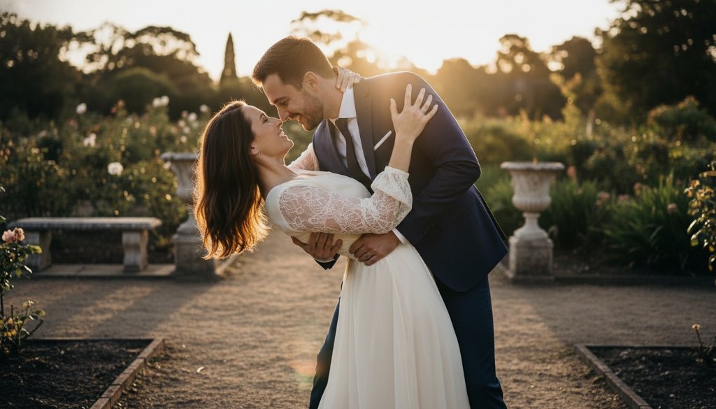 A stunning 'epic moment' photograph from a Noble Park North pre-wedding photoshoot, featuring a couple embracing passionately at sunset in a sprawling Victorian-era garden, with soft golden hour light illuminating their faces and highlighting the intricate lace of the bride-to-be's dress. The groom-to-be gently kisses her forehead, capturing their profound love and the romantic Victorian charm of the setting.