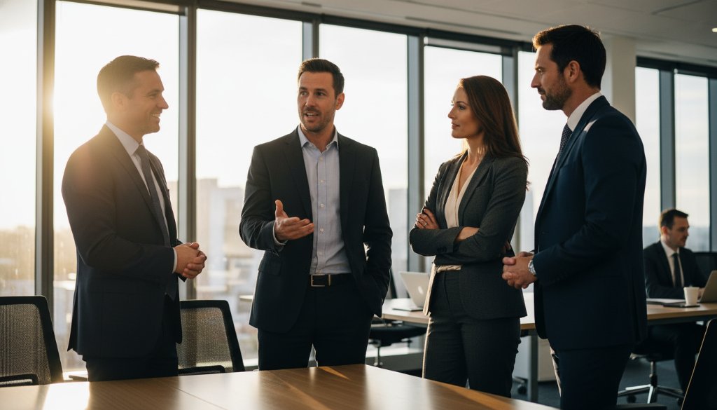 An epic moment captured in Noble Park North showing a successful business professional, mid-laughter, having their Noble Park North professional corporate headshots taken in a modern, light-filled office, with dramatic rim lighting highlighting their profile against a subtly blurred background, conveying confidence and approachability.