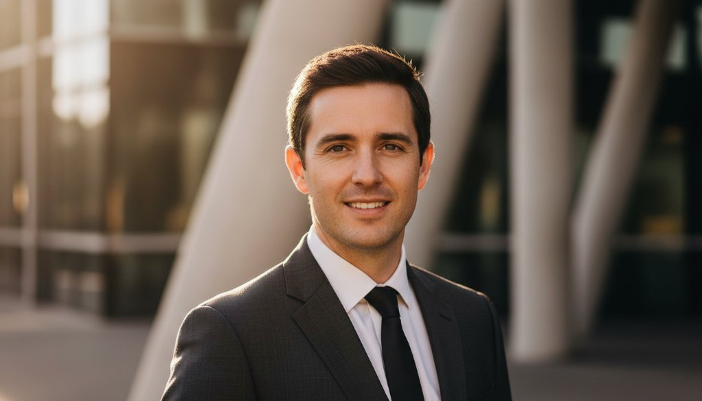 Dynamic portrait featuring a confident professional captured in Noble Park North, showcasing their authentic personality for career advancement, with dramatic backlighting and a crisp, modern aesthetic.