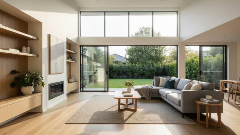A wide-angle, professionally color-graded photograph showcasing the sun-drenched, open-plan living area of a modern family home in Noble Park North, expertly composed to capture the vibrant property visuals and inviting warmth of the space, with a hint of lush backyard greenery visible through large windows during golden hour.
