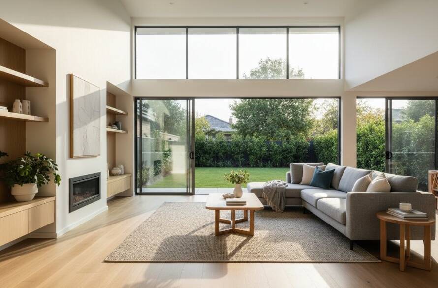 A wide-angle, professionally color-graded photograph showcasing the sun-drenched, open-plan living area of a modern family home in Noble Park North, expertly composed to capture the vibrant property visuals and inviting warmth of the space, with a hint of lush backyard greenery visible through large windows during golden hour.