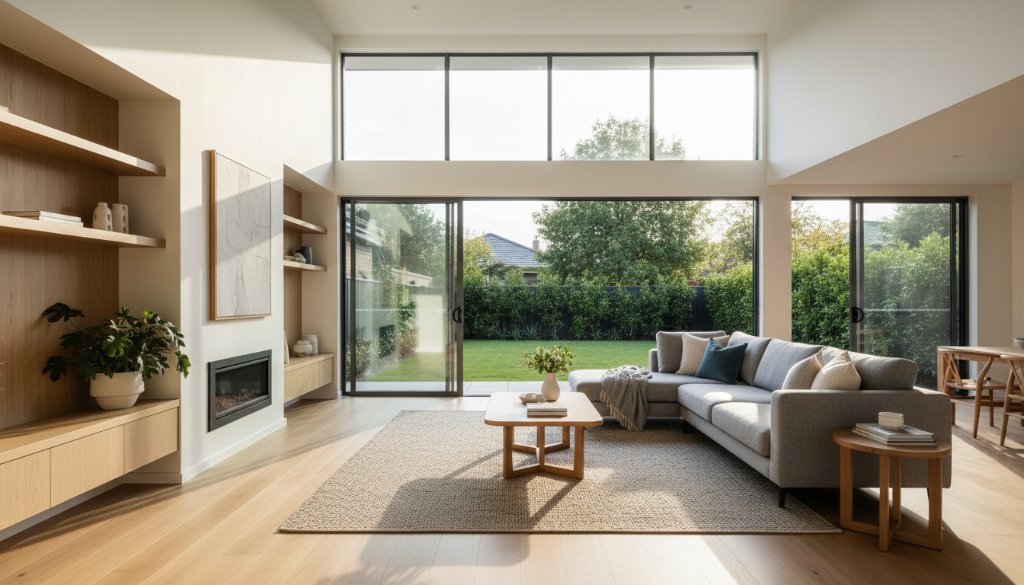A wide-angle, professionally color-graded photograph showcasing the sun-drenched, open-plan living area of a modern family home in Noble Park North, expertly composed to capture the vibrant property visuals and inviting warmth of the space, with a hint of lush backyard greenery visible through large windows during golden hour.